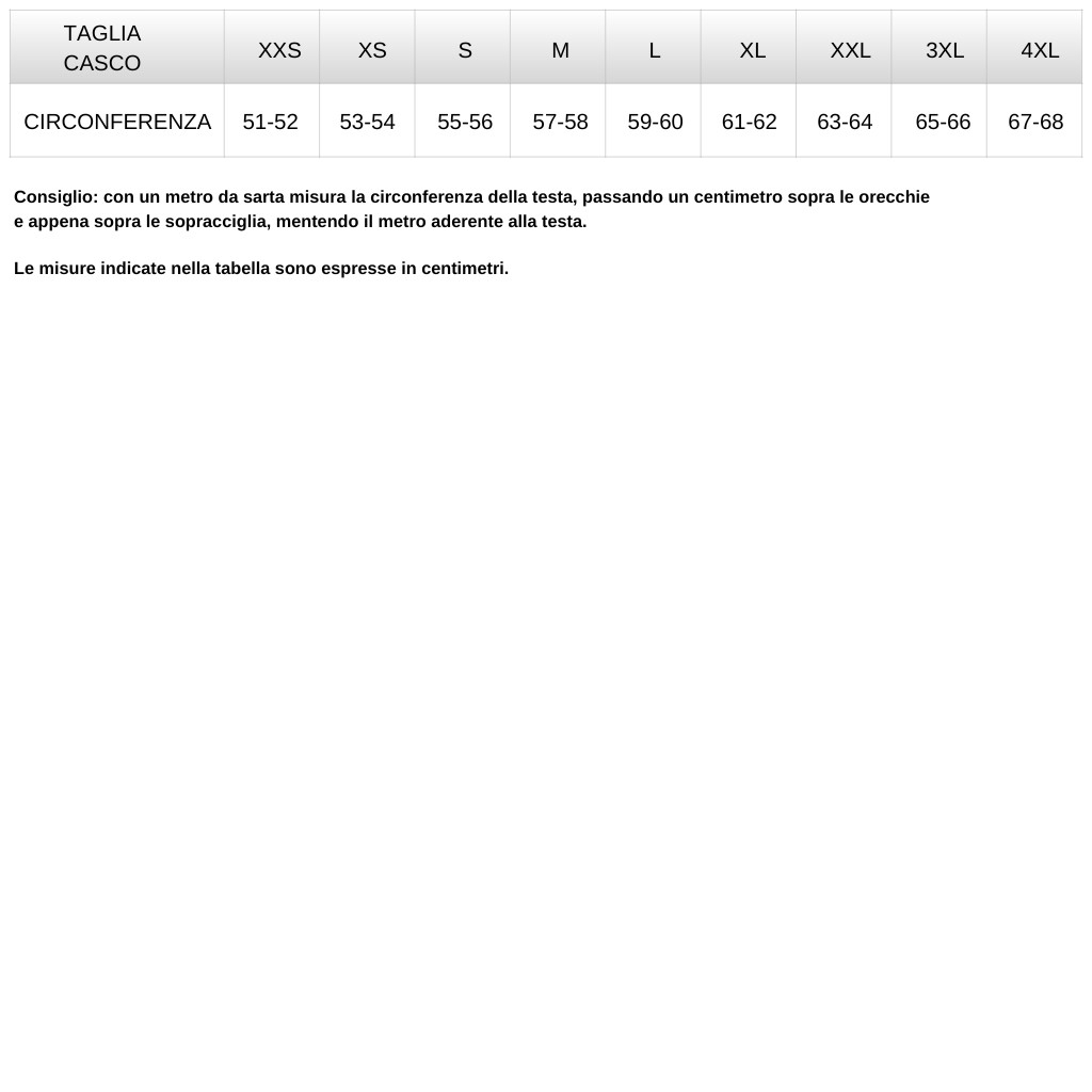 immagine tabella guida alle taglie casco